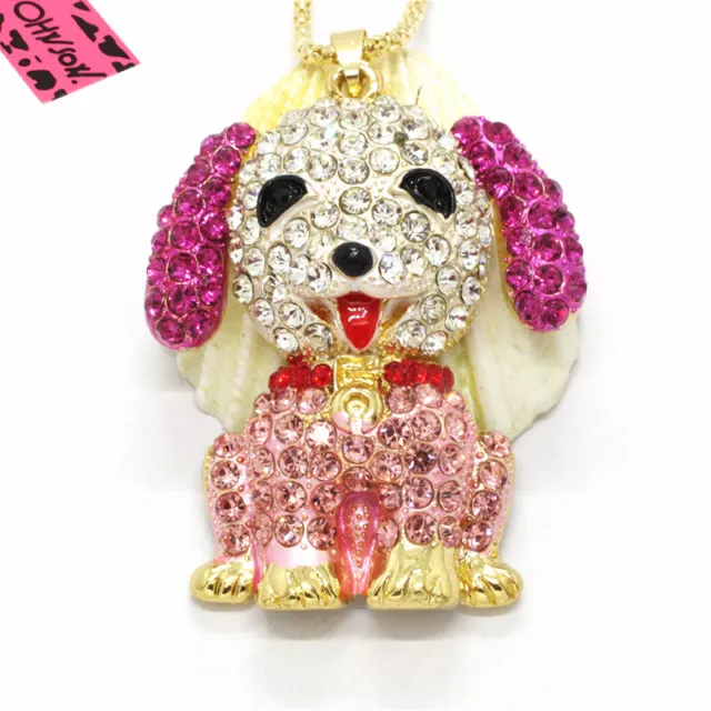 New Cute Pink Dog Puppy Animal Crystal Fashion Women Pendant Chain Necklace