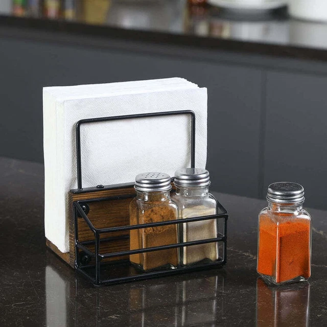 Brown Wood and Black Metal Wire Napkin Holder with 3 Glass Seasoning Shakers