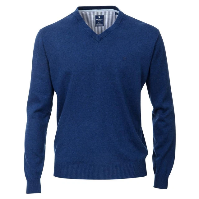 REDMOND Pullover Uomo Scollo A V 100% Cotone Tinta Unita Blu Reale