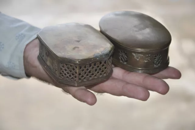 2 Pc Vintage Brass Handcrafted Jali Cut Mirror Fitted Unique Shape Betel Nut Box