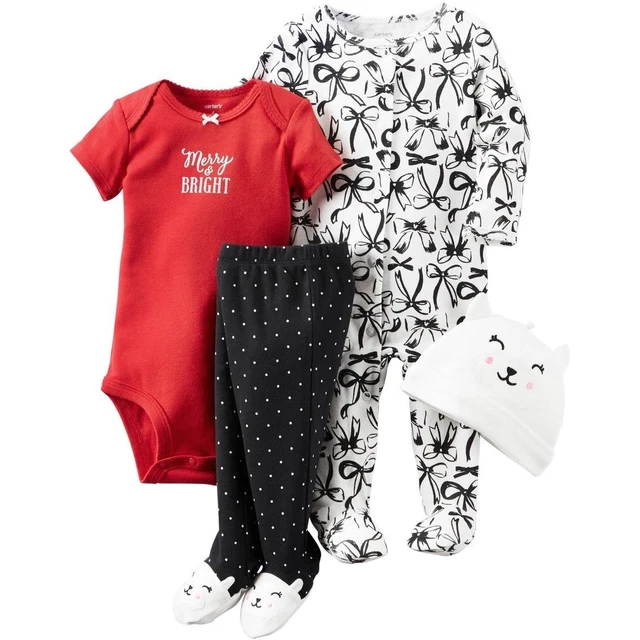 CARTERS Girls 4 pc Set Size 3 6 months Bodysuits Pants Hat Christmas Outfit
