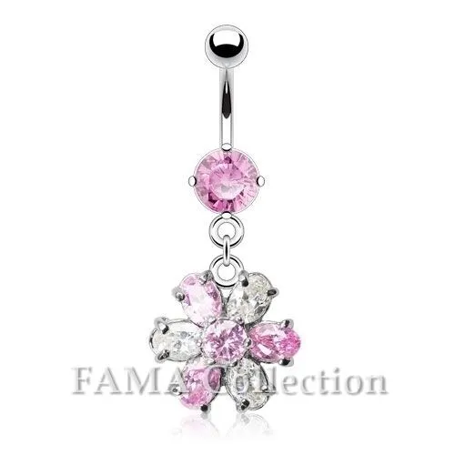 FAMA Clear & Pink CZ Flower Dangle with 316L Surgical Steel Navel Belly Ring