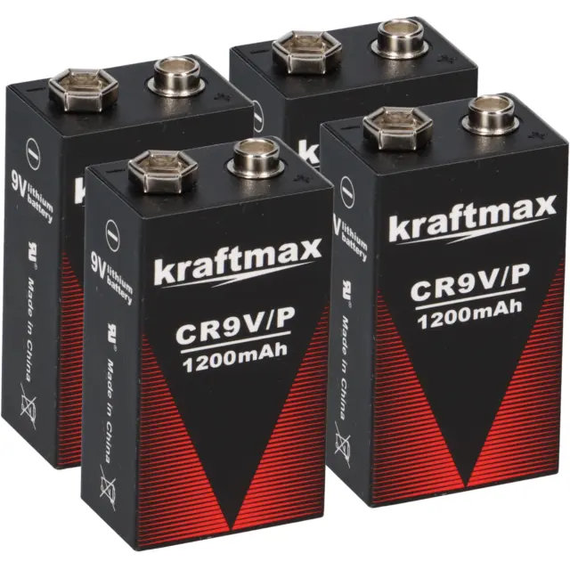 4x Kraftmax Lithium 9V Bloc Corde Batteries pour Détecteurs de Fumée Feuermelde