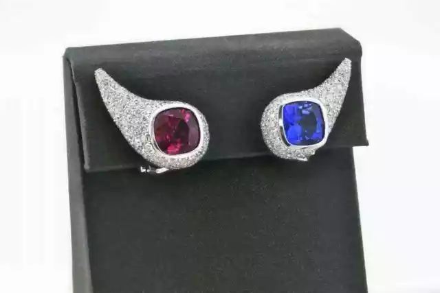 Genuine Cushion Shape Red Ruby, Blue Sapphire & Pave White CZ Fabulous Earrings