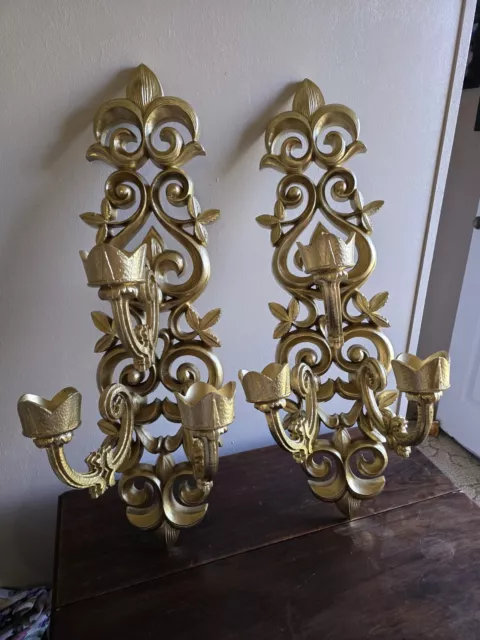 VTG Set Of 2 Barwood 3 Arm Pillar/Votive Wall Hanging Candle Sconces Ornate Gold