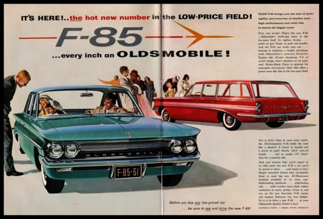 1961 Oldsmobile F-85 4-Door Sedan V8 Rocket Engine Station Wagon 2-Page Print Ad