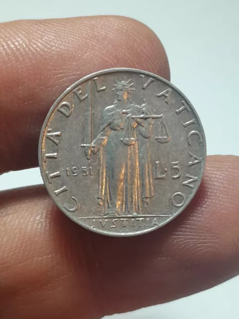 Vaticano 5 Lire 1951 Pio Xii  "Jiustitia" Xiii Italma Gr.1 Dia.17 (602)