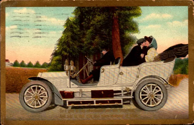 Postcard Romance Couple Kissing in Back of Early Automobile 1910 Postmark