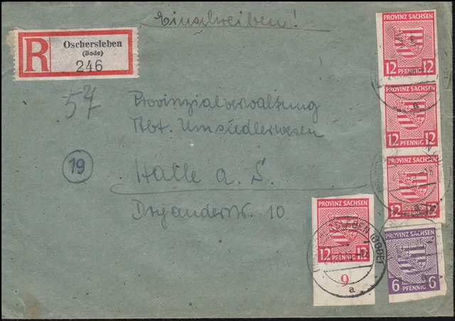 SBZ Provinz Sachsen 69X+71X Wappen in MiF auf R-Brief OSCHERSLEBEN 21.10.1945