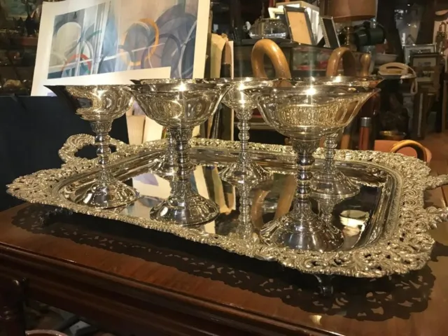 Juego de copas de champán y bandeja - Años 40 - Baño en plata