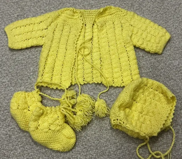 Vintage Yellow Handmade Infant Crochet Baby Set: Sweater, Hat & Booties
