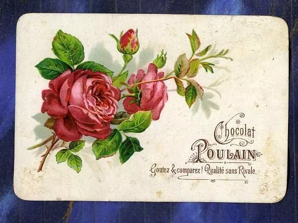 chromo Poulain en relief gaufr� red roses rouges embossed Victorian trade card