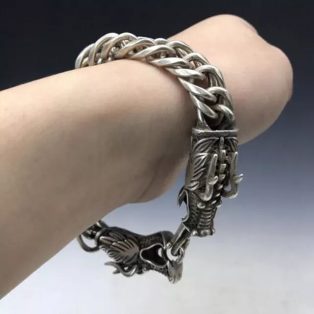 Collection Old China Bangle Tibet Silver Exquisite Double Dragon Head Bracelet