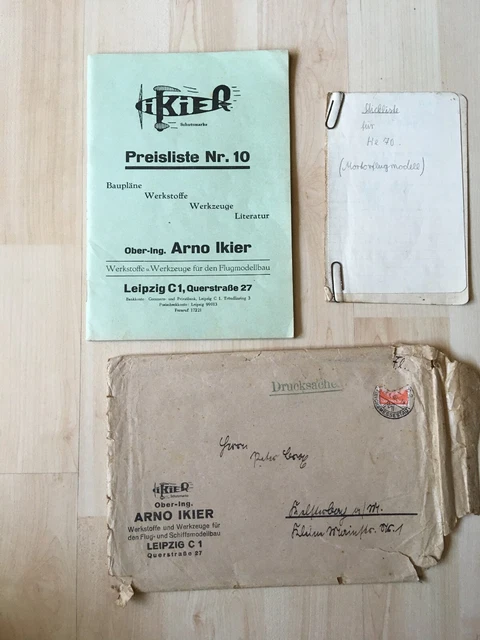 alte Preisliste Flugmodellbau 1940 Arno Ikier, Leipzig, mit Postumschlag