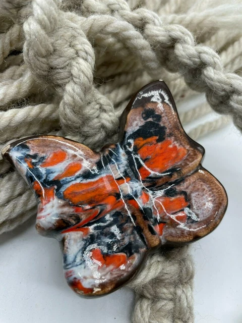 Vtg Retro Macrame Plant Hanger Ceramic Orange Blue Splatter Butterfly 48in 6