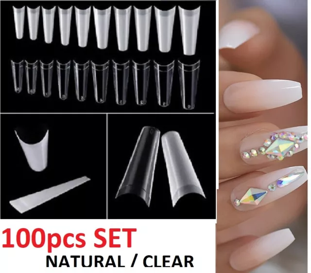 Long Straight Nail Tips Ballerina Half Cover C Curve French Nails False UK STOCK
