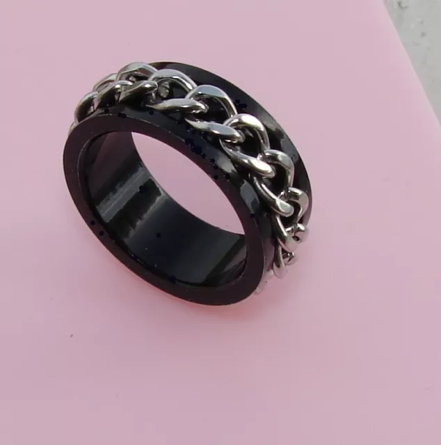 Anello nero con catena argento Acciaio 316L 7mm Uomo Donna misura da 17-21