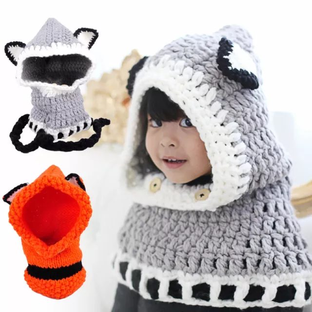 Kids Baby Boy Girl Winter Knitted Fox Cap Hooded Hat Scarf Earflap Beanies rt