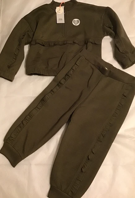 River island mini girls aged 2-3 years dark khaki frilly tracksuit BNWT 2
