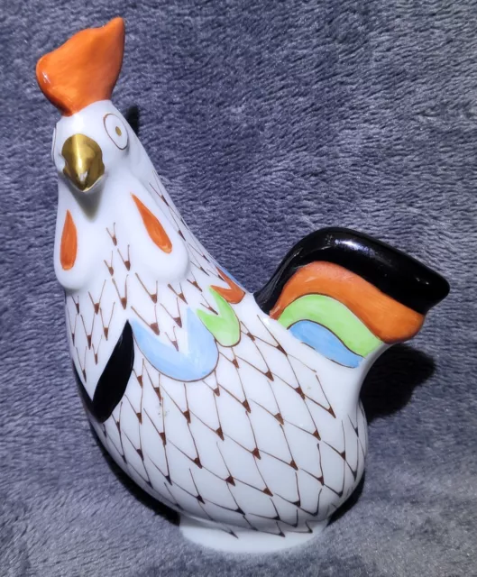 Vintage Hungarian Hollohaza Art Deco Fishnet Porcelain Rooster Bird Hand Painted