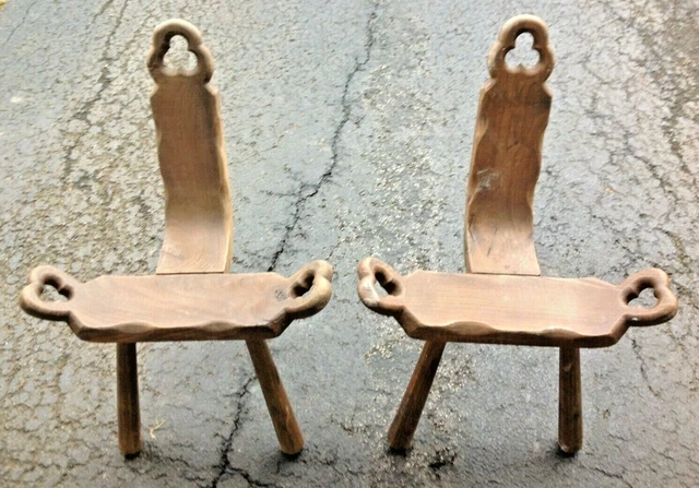 Pair Antique Birthing / Cavalier Chairs Three Legged Natural Wood Unique Weird