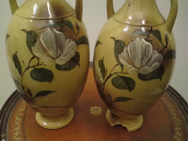 Pair Meiji signed art pottery vase with handles - Japanese camellia & butterfly 2