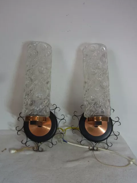 Pair Mid Century 60's Bubble Glass Black & Brass Sunburst Wall Lamp Sconces #<
