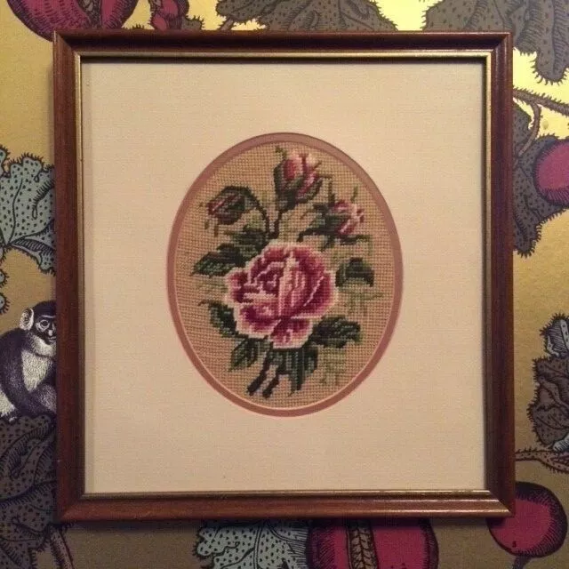 Pretty Hand-Stitched NEEDLEPOINT ROSE PICTURE ** Quality Mount & Frame **