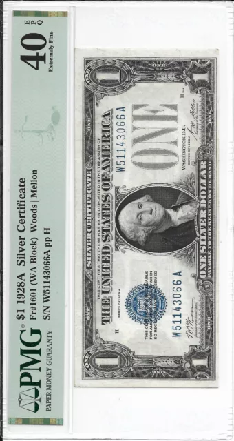 FR 1601 1928-A $1 FUNNYBACK SILVER CERTIFICATE “WA BLOCK” PMG 40EPQ Woods Mellon