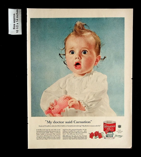1955 CARNATION EVAPORATED Milk Baby Canned Surprised Vintage Print Ad