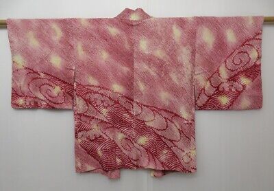 0916T07z500 Vintage Japanese Kimono Silk SHIBORI HAORI Red-Purple Wave