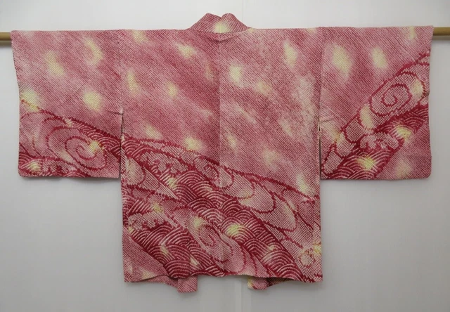 0916T07z500 Vintage Japanese Kimono Silk SHIBORI HAORI Red-Purple Wave