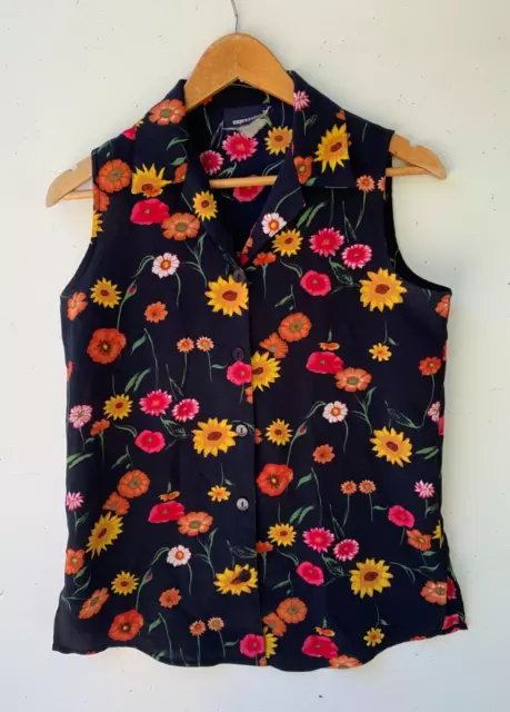 EXPRESSION Womens Vintage 90s Navy Sleeveless Floral Shirt Blouse Size Approx L