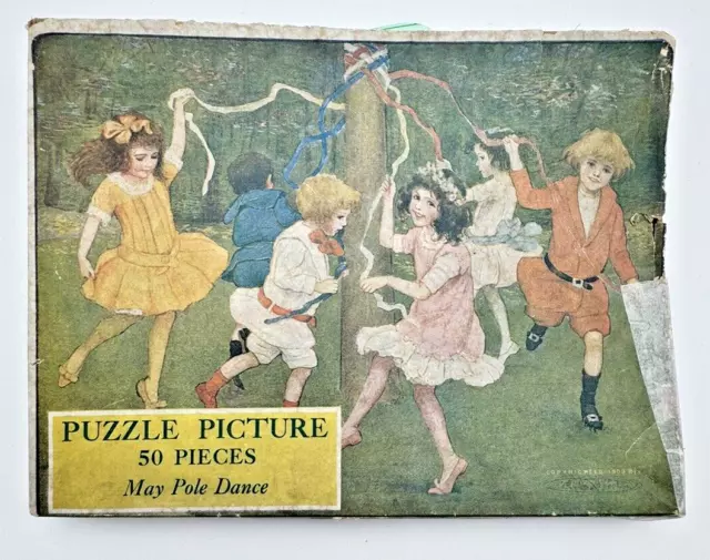 Antique Jigsaw Puzzle 1909 COMPLETE May Pole Dance 50 pc Cardboard Children