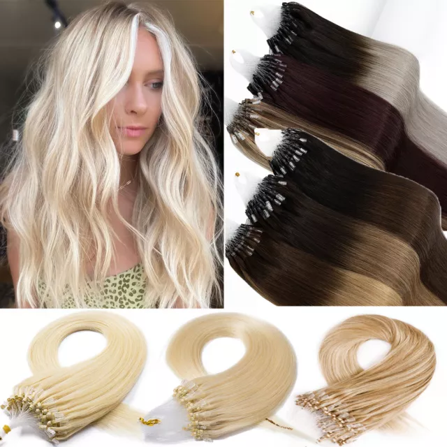 AU Russian Remy Micro Beads Ring Loop 100% Real Human Hair Extensions FULL THICK