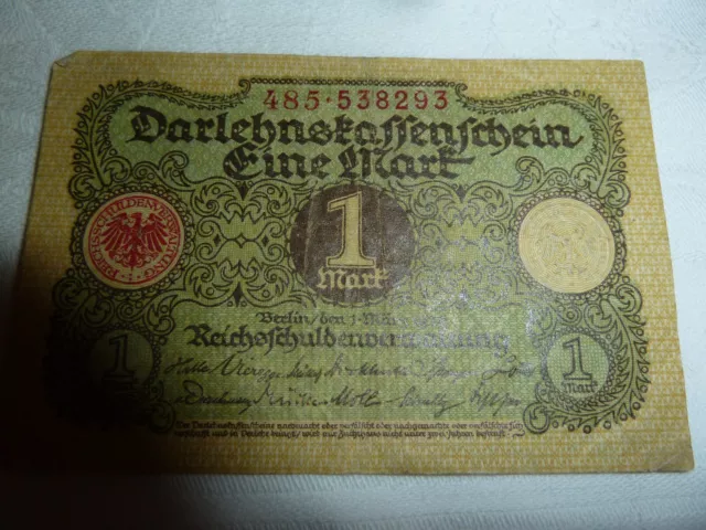 Geldscheine, Banknoten, ein Darlehnskassenschein "Eine Mark" 1920 Jahr 2