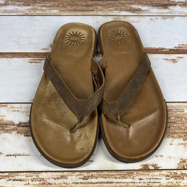 (Stor) Ugg Men's Bennison Brown Leather Flip Flop Sandal Size 10
