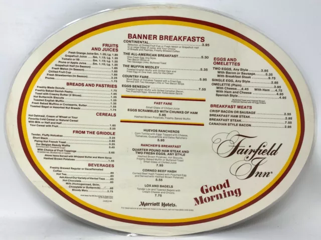 Vintage 1990s Fairfield Inn Marriott Hotel Restaurant Breakfast Menu Mat 2