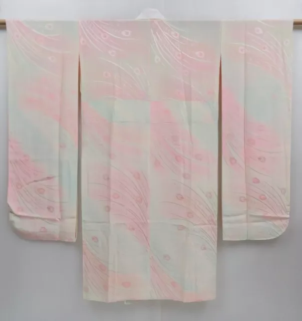 2924T14z640  Japanese Kimono Silk FURISODE JUBAN Peacock feather Off-white