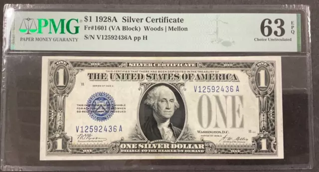 1928A $1 Silver Certificate  FUNNY BACK Fr#1601 PMG 63 Choice Uncirculated EPQ