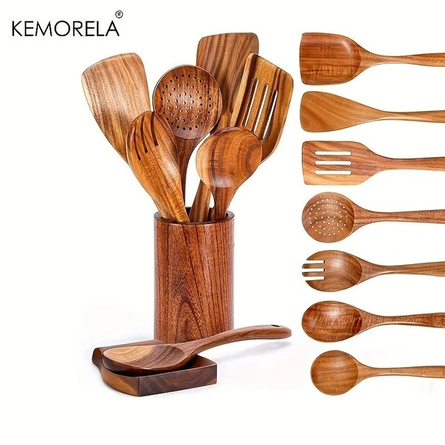 Set Ustensiles De Cuisine En Bois Avec Support, Cuillères Spatules