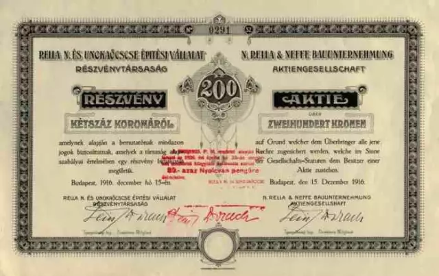 N. Rella & Neffe Bauunternehmung 1916 Budapest Ungarn Wien 200 Kronen Österreich