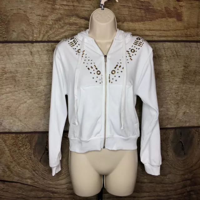 Wildfox Womens Size XS Full Zip Zipper Hoodie White Beaded Shapes Accents New