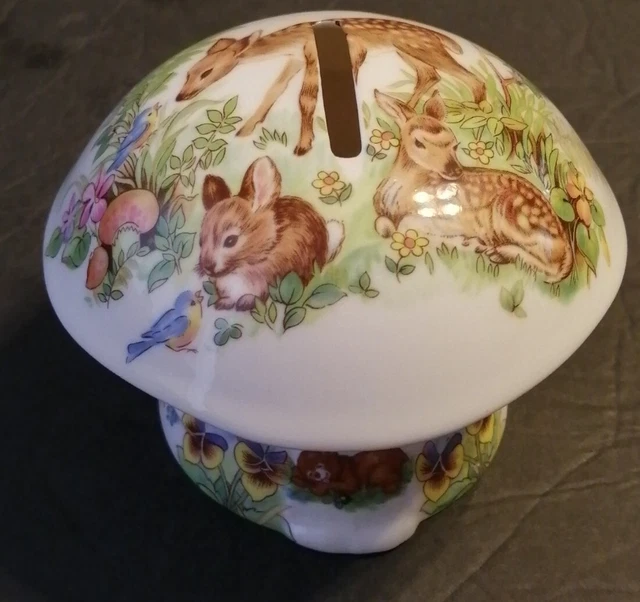 Vintage Fine Bone China Mushroom Money Bank Deer Rabbit Birds Made In England 5"