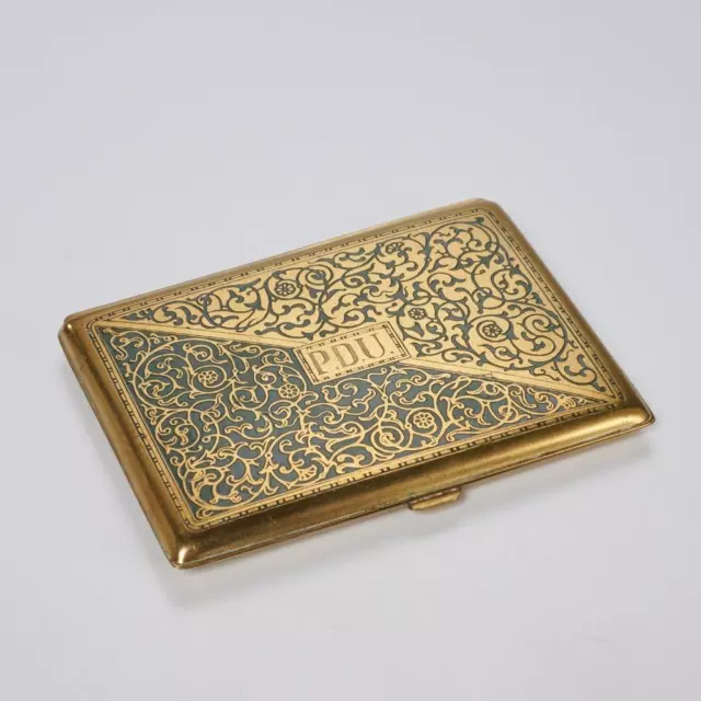 Art Nouveau Green Brass Enameled Japanese Cloisonne Vintage Cigarette Case 4.25"