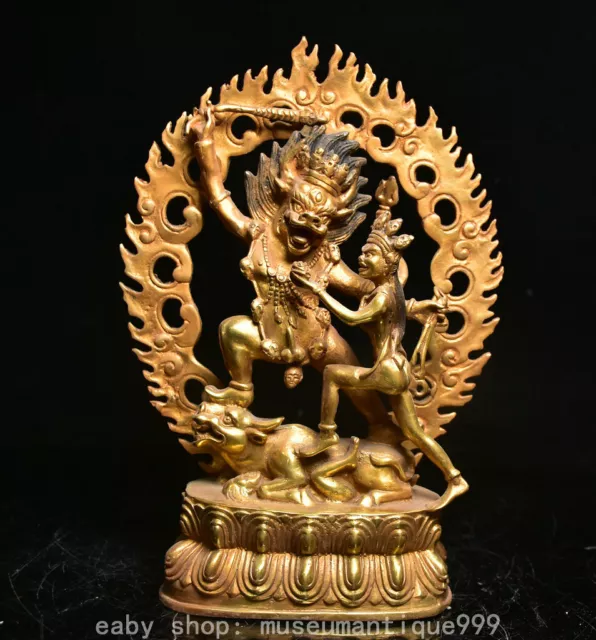 9.2 '' Tibetan Buddhism Copper Gilt Beast Mandkesvara Happy Buddha  Statue