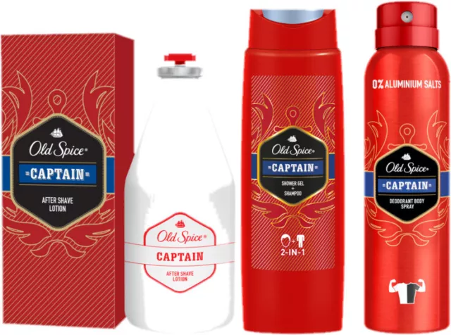 SET Old Spice für Männer Duft Captain - Bodyspray, Duschgel+Shampoo, AfterShave