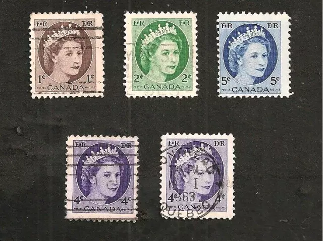 1954 Canada Portrait Elisabeth Ii Lot De 5 Timbres