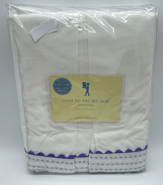 Falda de cama Pottery Barn Kids Callie Ric Rac tamaño completo 14"" blanca y púrpura NUEVA