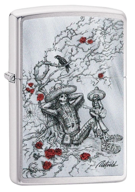 Zippo Petrol Lighter Artist Rick Reitveld Skeleton Design Brushed Chrome New